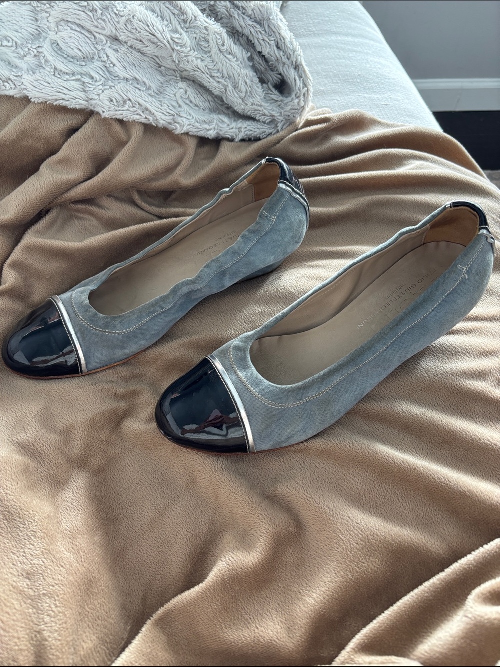 Agl Gray Suede Ballet wedges with Black Patent Cap Toe